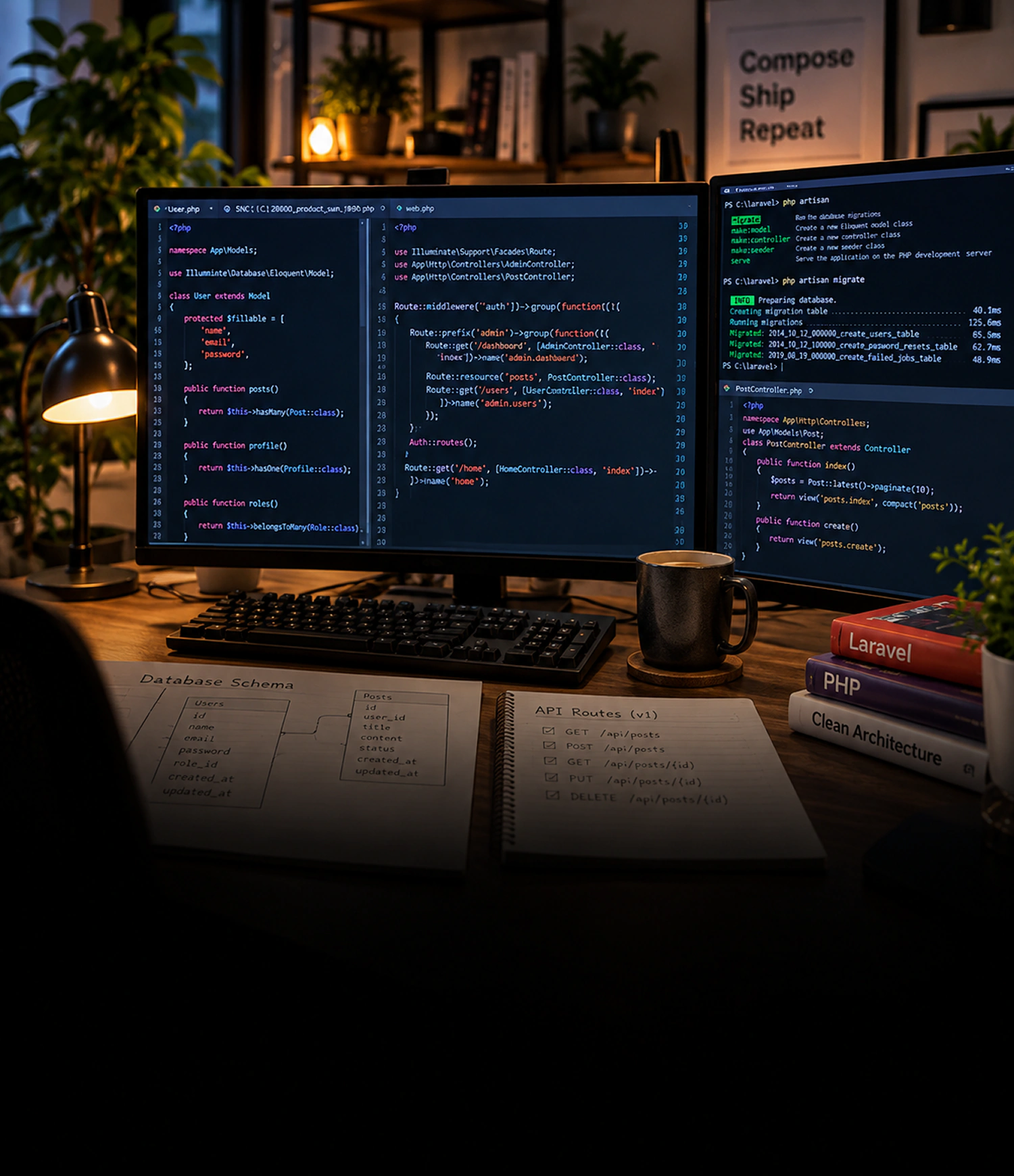 Laravel-udviklingsydelser Laravel-logoet vises på en computerskærm med et printkort i baggrunden