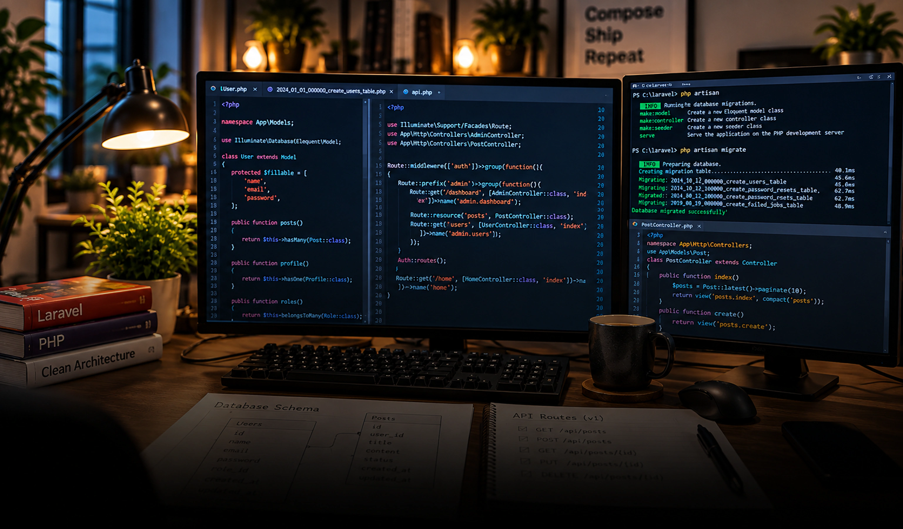 Laravel-udviklingsydelser Laravel-logoet vises på en computerskærm med et printkort i baggrunden