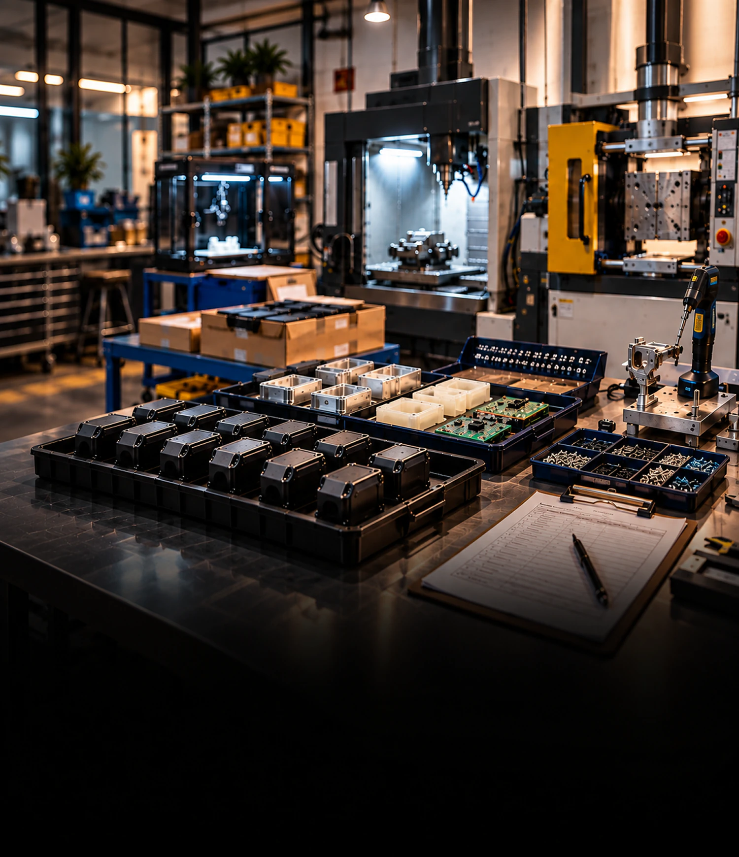 Fabrication à faible volume Photo d'un ingénieur utilisant une tablette pour inspecter le réglage d'une machine dans un atelier de fabrication