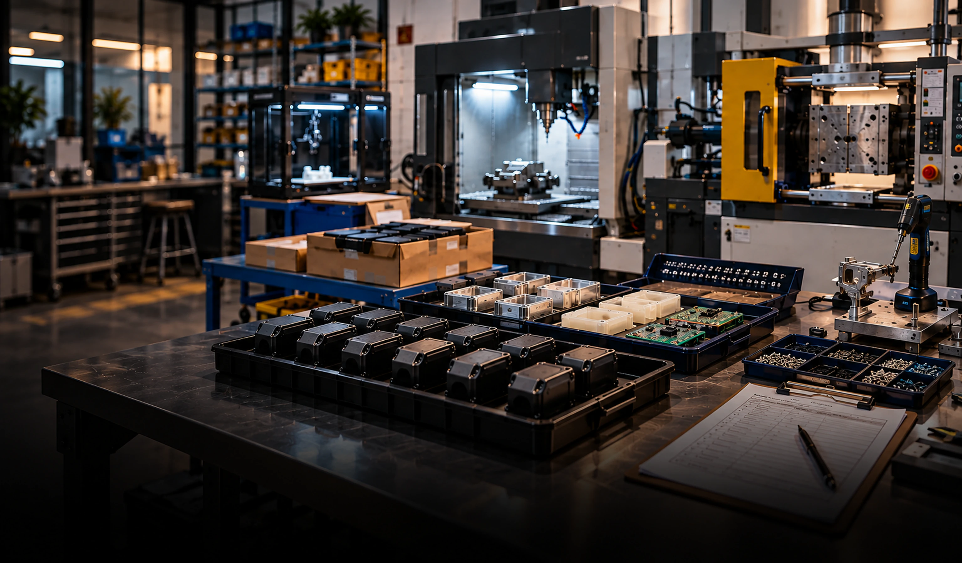 Fabrication à faible volume Photo d'un ingénieur utilisant une tablette pour inspecter le réglage d'une machine dans un atelier de fabrication