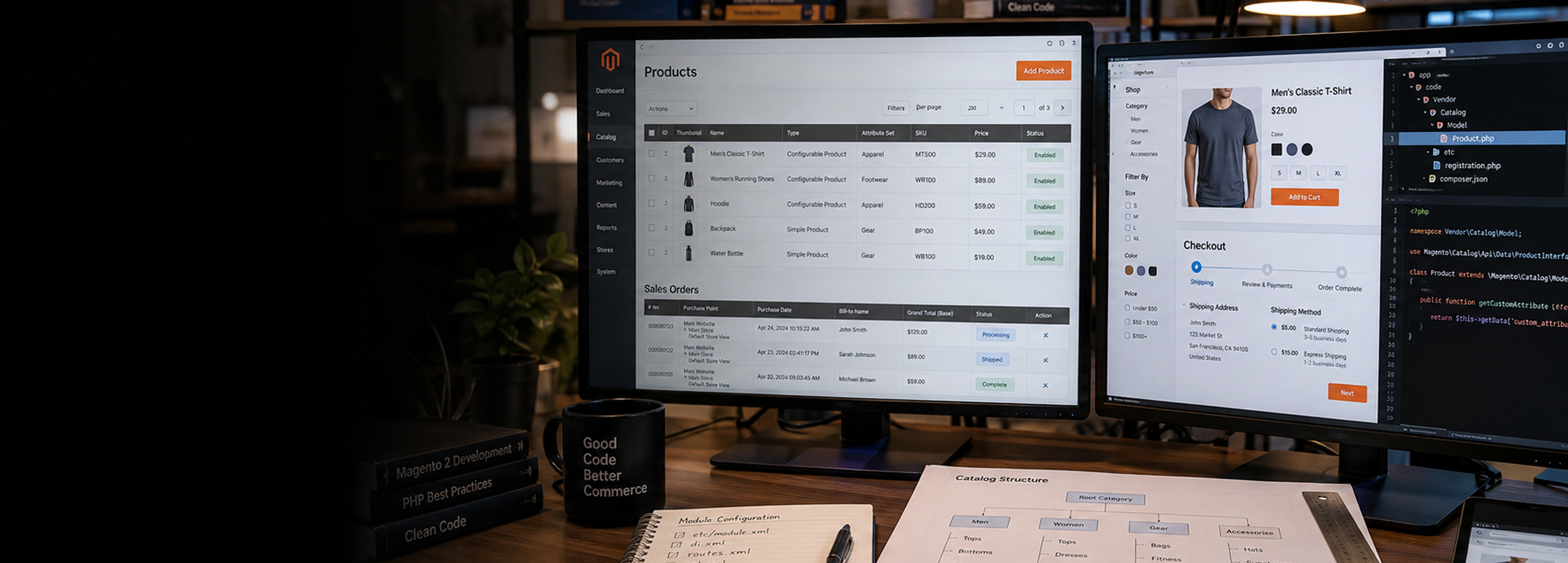Magento-udviklingsydelser Magento-logoet vises på en bærbar computers skærm med mørk baggrund
