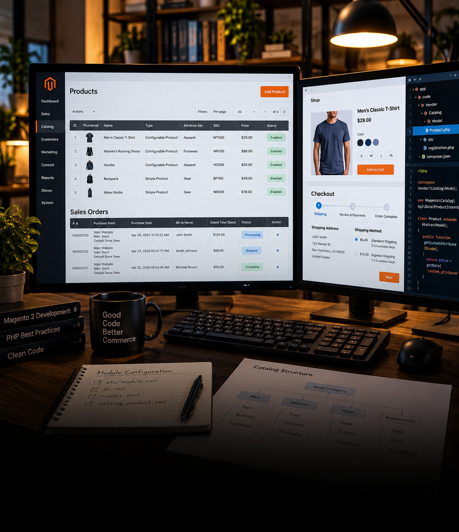 Magento-udviklingsydelser Magento-logoet vises på en bærbar computers skærm med mørk baggrund