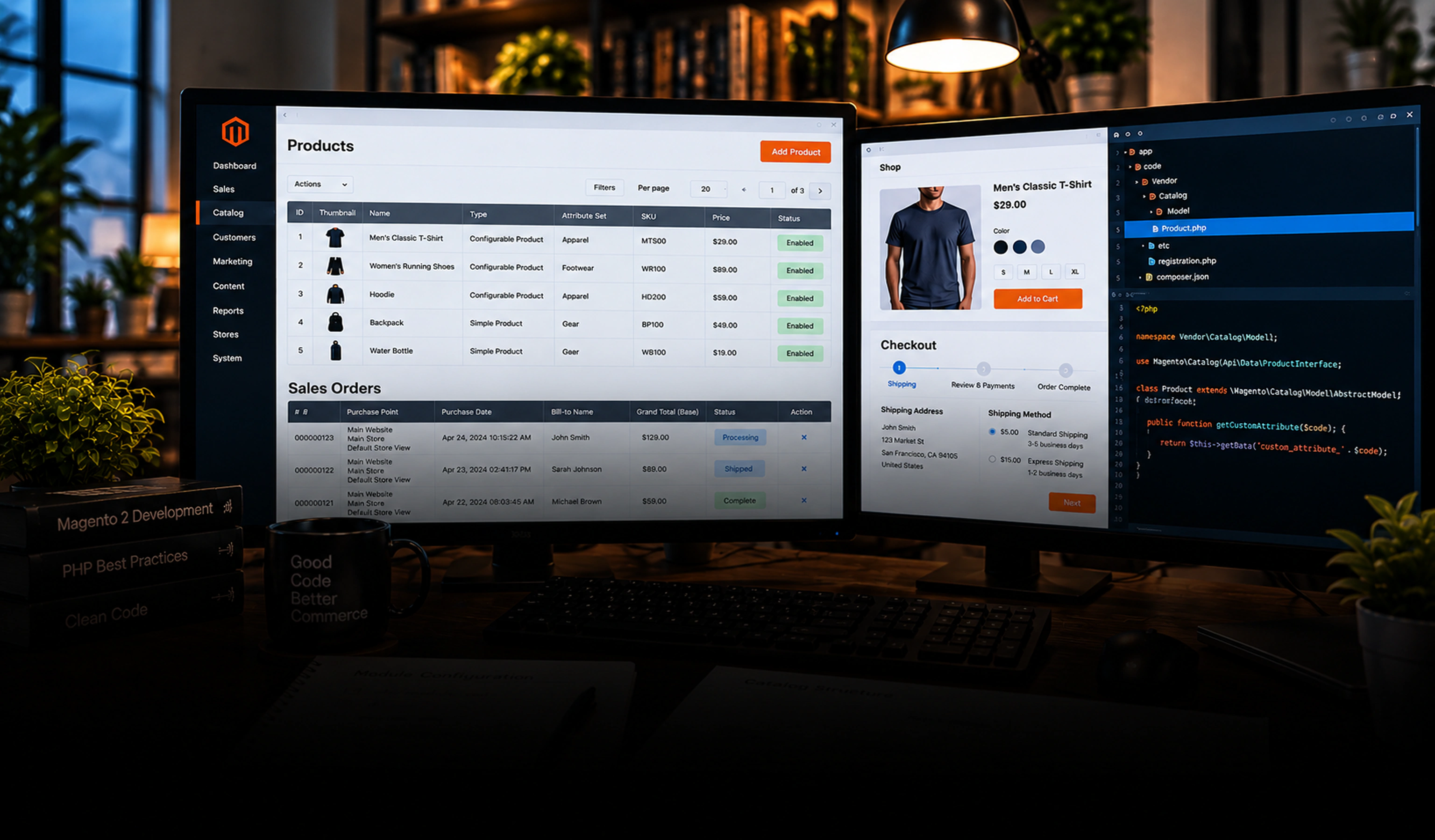 Magento-udviklingsydelser Magento-logoet vises på en bærbar computers skærm med mørk baggrund