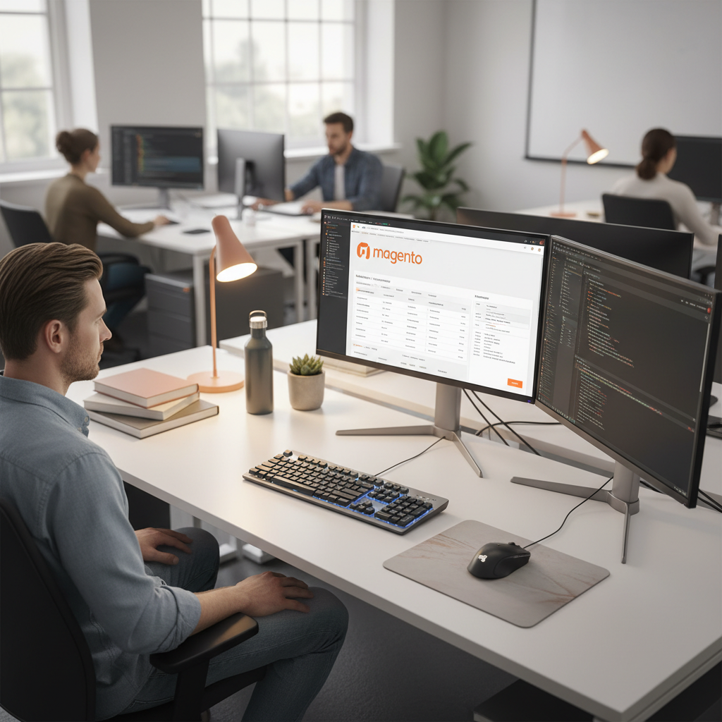 Services de développement Magento Illustration de développeurs construisant une interface d'application mobile avec des icônes de sécurité et de code