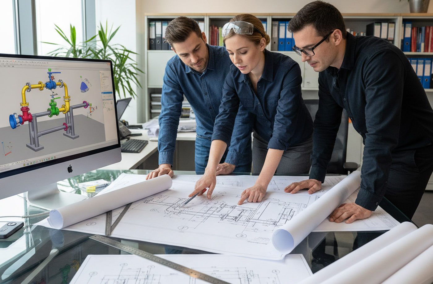 Optimisation de la fabrication et des usines Trois ingénieurs examinent des plans d'implantation d'usine sur une table en verre, à côté d'un écran affichant un modèle 3D d'un ensemble de tuyauterie et de vannes