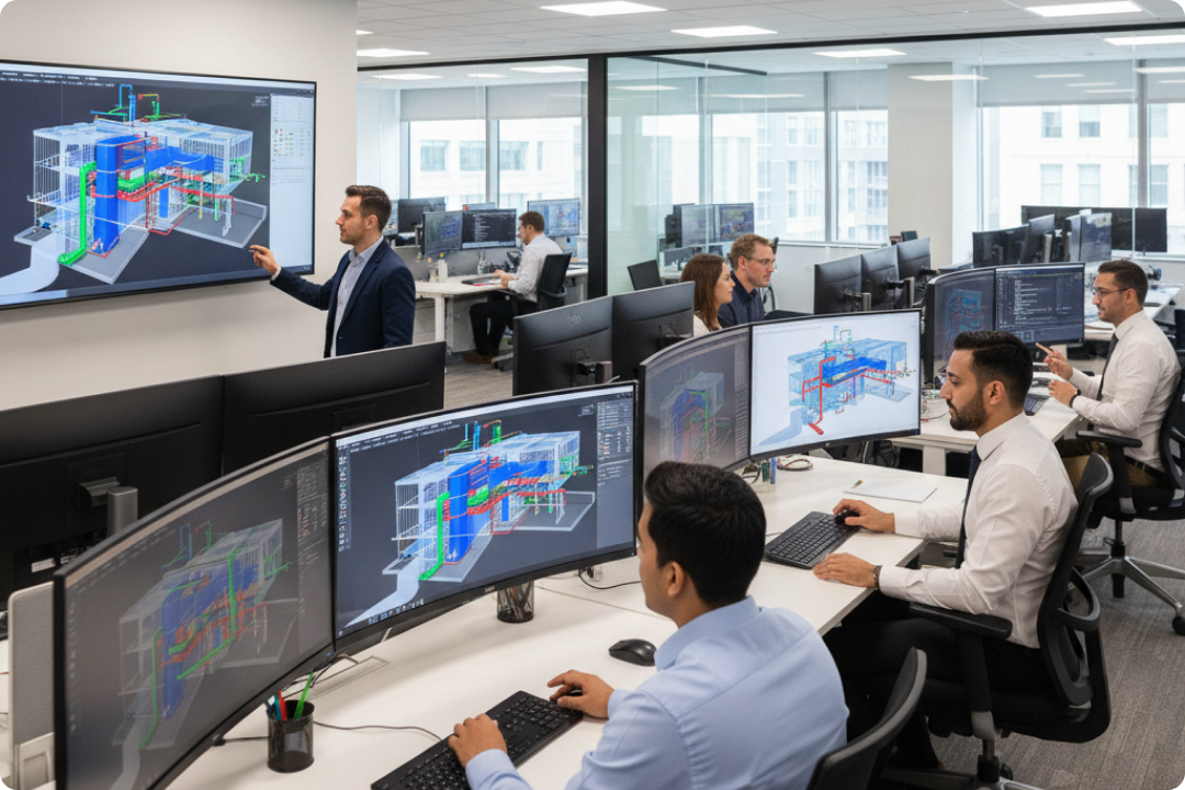 Modélisation BIM MEP Illustration d'un ouvrier du bâtiment pointant une icône de cycle BIM à côté d'une grue avec des icônes d'outil, de document et d'éclairage