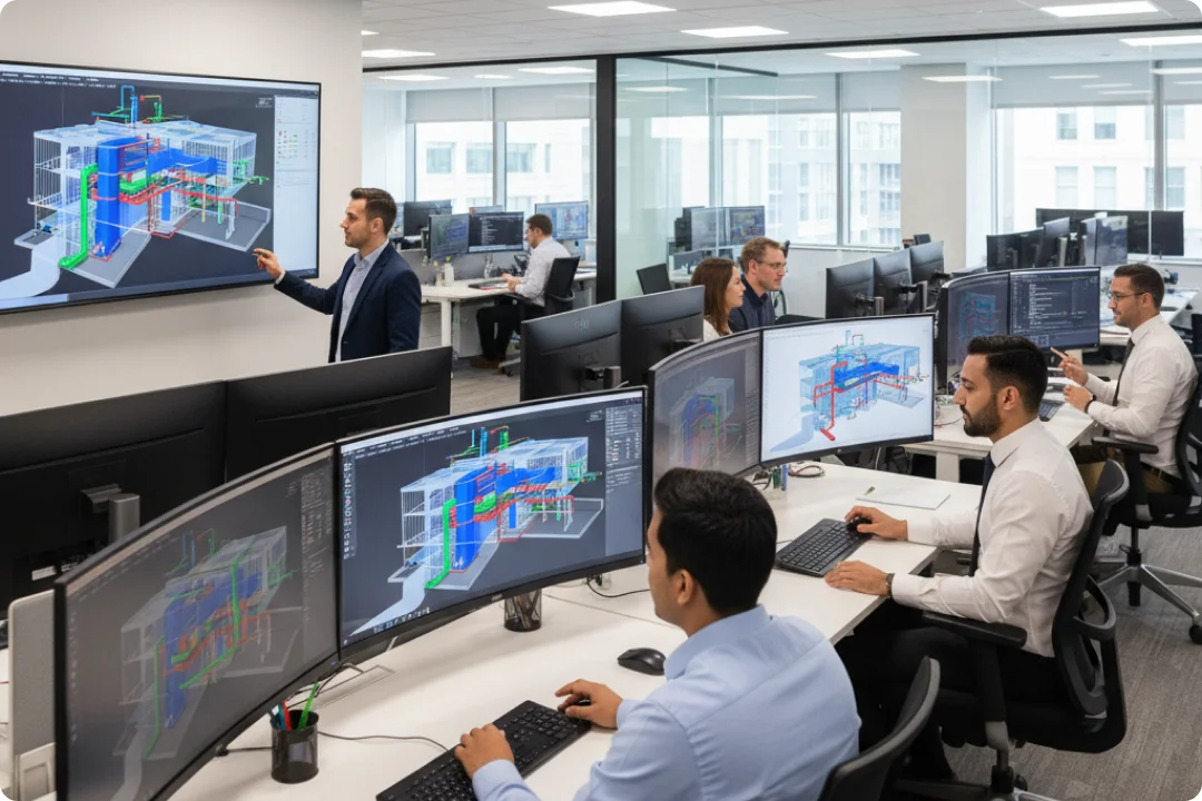 Modélisation BIM MEP Illustration d'un ouvrier du bâtiment pointant une icône de cycle BIM à côté d'une grue avec des icônes d'outil, de document et d'éclairage
