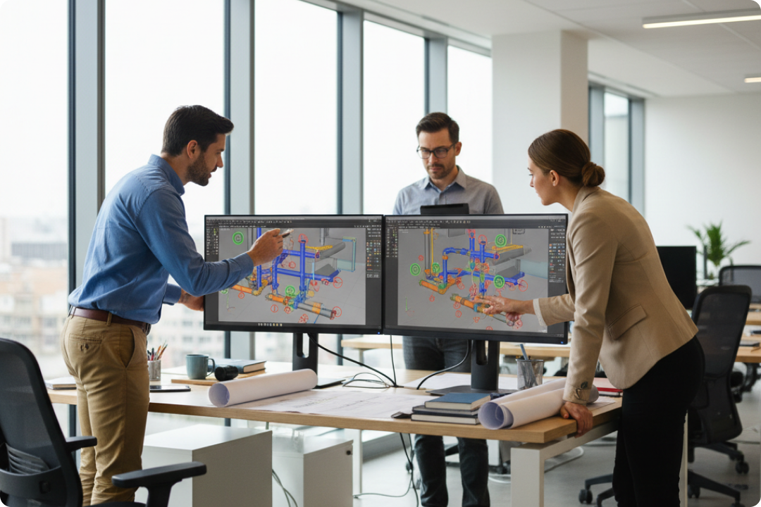 MEP Clash Detection Illustration of an engineer working on a laptop with data dashboard icons and a building elevation model in the background