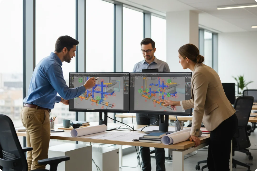 Détection de collisions MEP Illustration d'un ingénieur travaillant sur un ordinateur portable, avec des icônes de tableau de bord de données et une élévation de bâtiment en arrière-plan