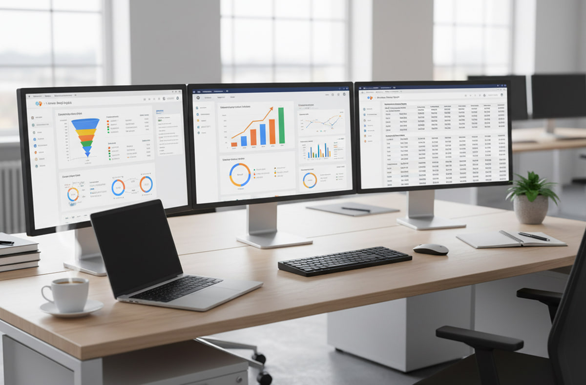 Services de marketing à la performance et de growth marketing Poste d'analyse marketing à trois écrans affichant un tunnel de conversion, des courbes de croissance de campagnes et un tableau de performance par canal
