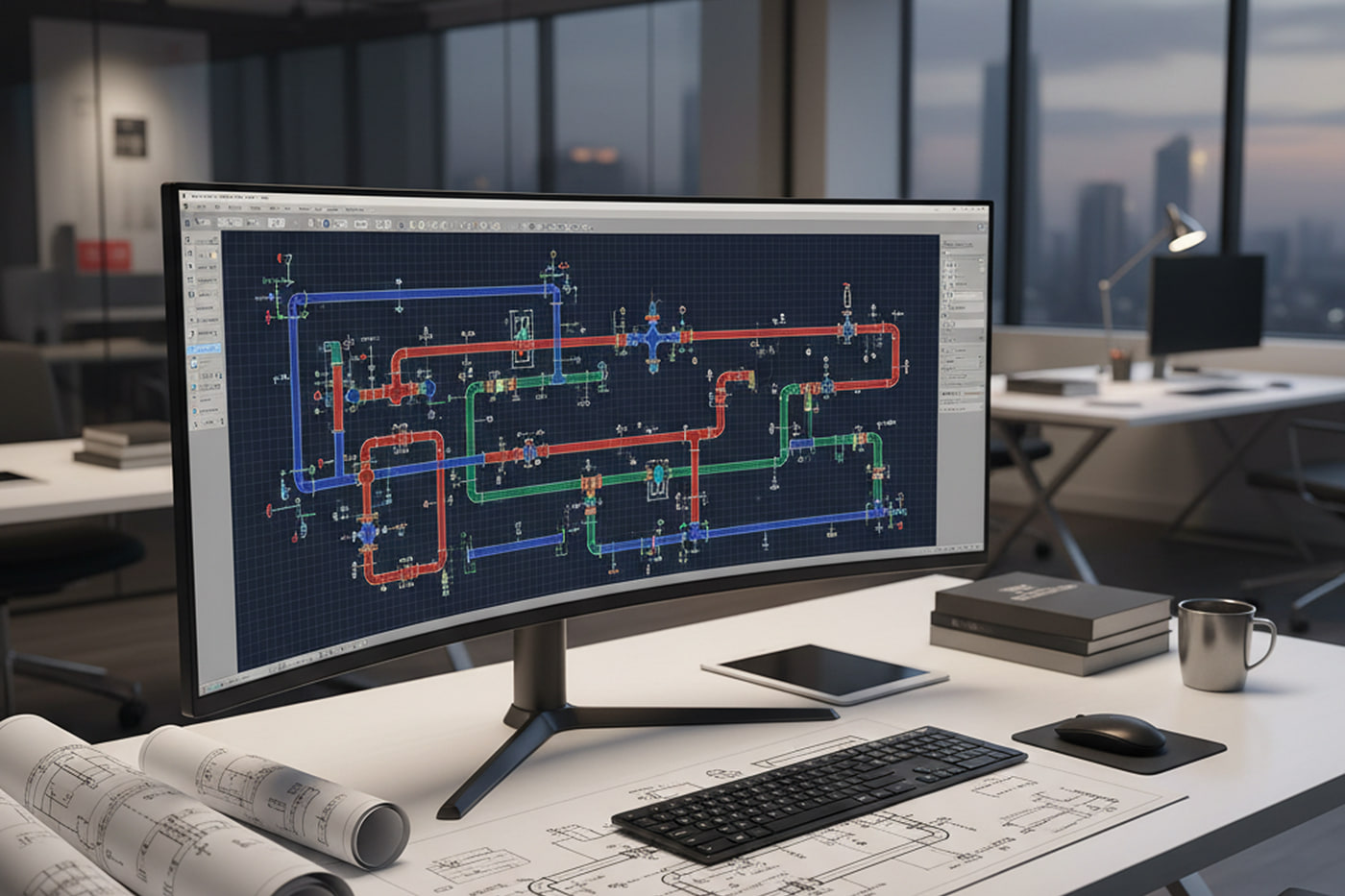 Analyse des contraintes de tuyauterie Écran incurvé ultra-large sur un bureau d'ingénierie affichant un modèle d'analyse des contraintes de tuyauterie en code couleur, avec des plans roulés et des isométriques imprimés sur le bureau