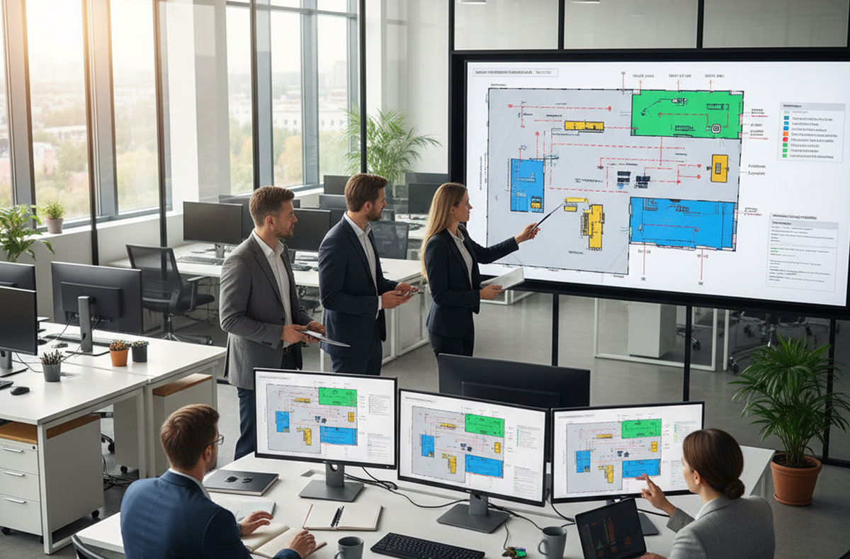 Optimisation de l'implantation d'usine Équipe d'ingénierie examinant un plan d'implantation d'usine en code couleur sur un grand écran mural, tandis que des collègues comparent les variantes d'implantation sur des postes multi-écrans