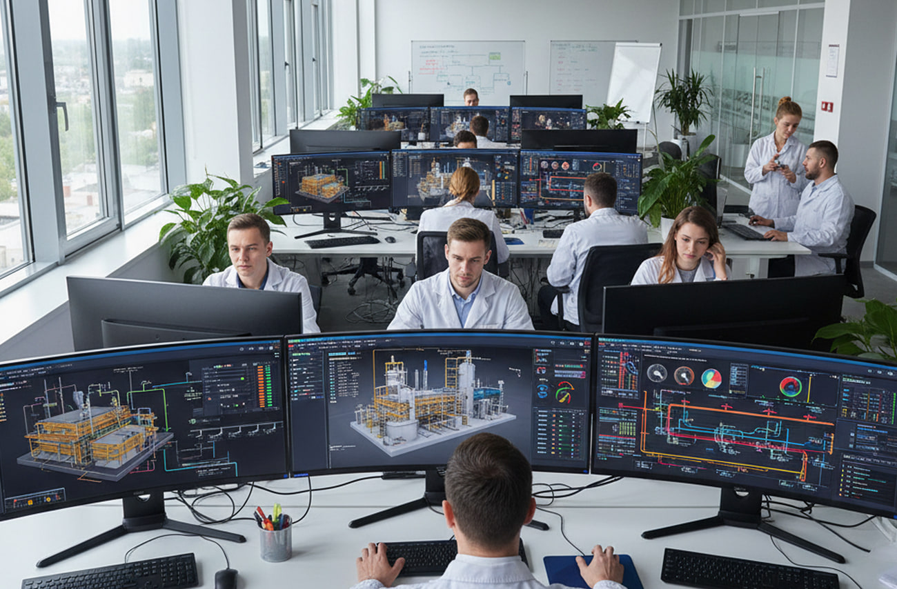 Simulation d'usine Ingénieurs en simulation dans un bureau ouvert exécutant des modèles 3D d'usine, des schémas de procédé et des tableaux de bord de performance sur des postes incurvés multi-écrans