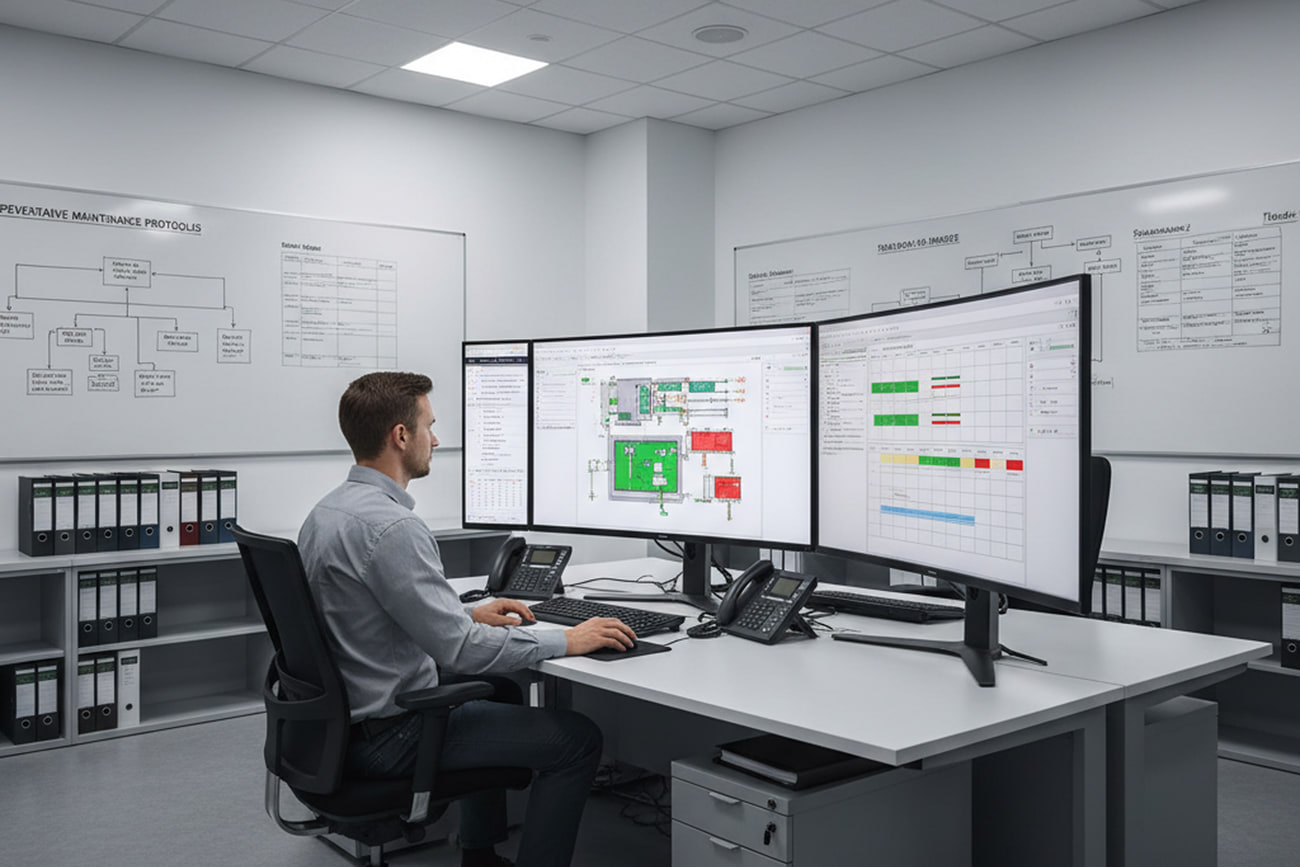 Planificateur de maintenance à un poste équipé de deux écrans incurvés, examinant un plan d'implantation des équipements et un planning de maintenance préventive, avec des tableaux de protocoles au mur