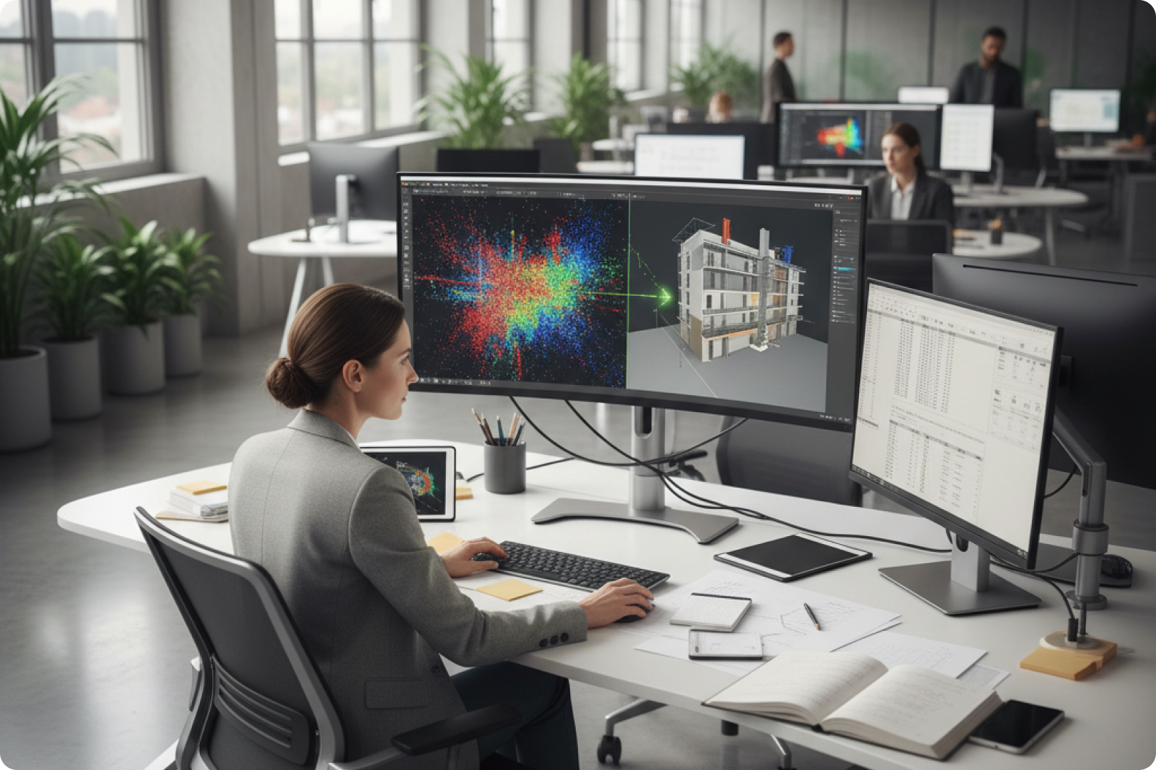 Conversion de nuages de points vers BIM Illustration d'une personne travaillant sur un ordinateur portable à côté d'un modèle de bâtiment avec des icônes de téléversement et de téléchargement cloud et un globe