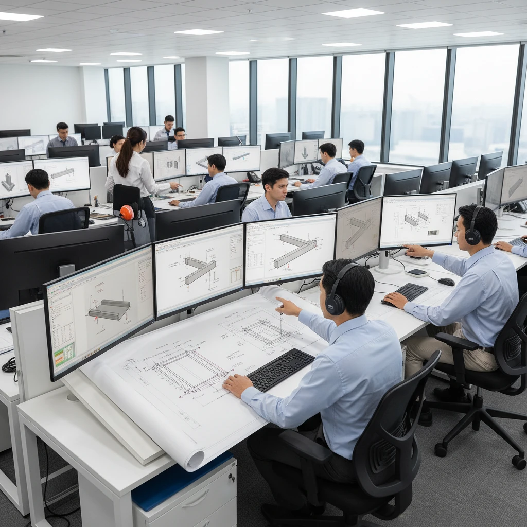 Precast concrete detailing office with engineers reviewing precast element drawings on multiple monitors