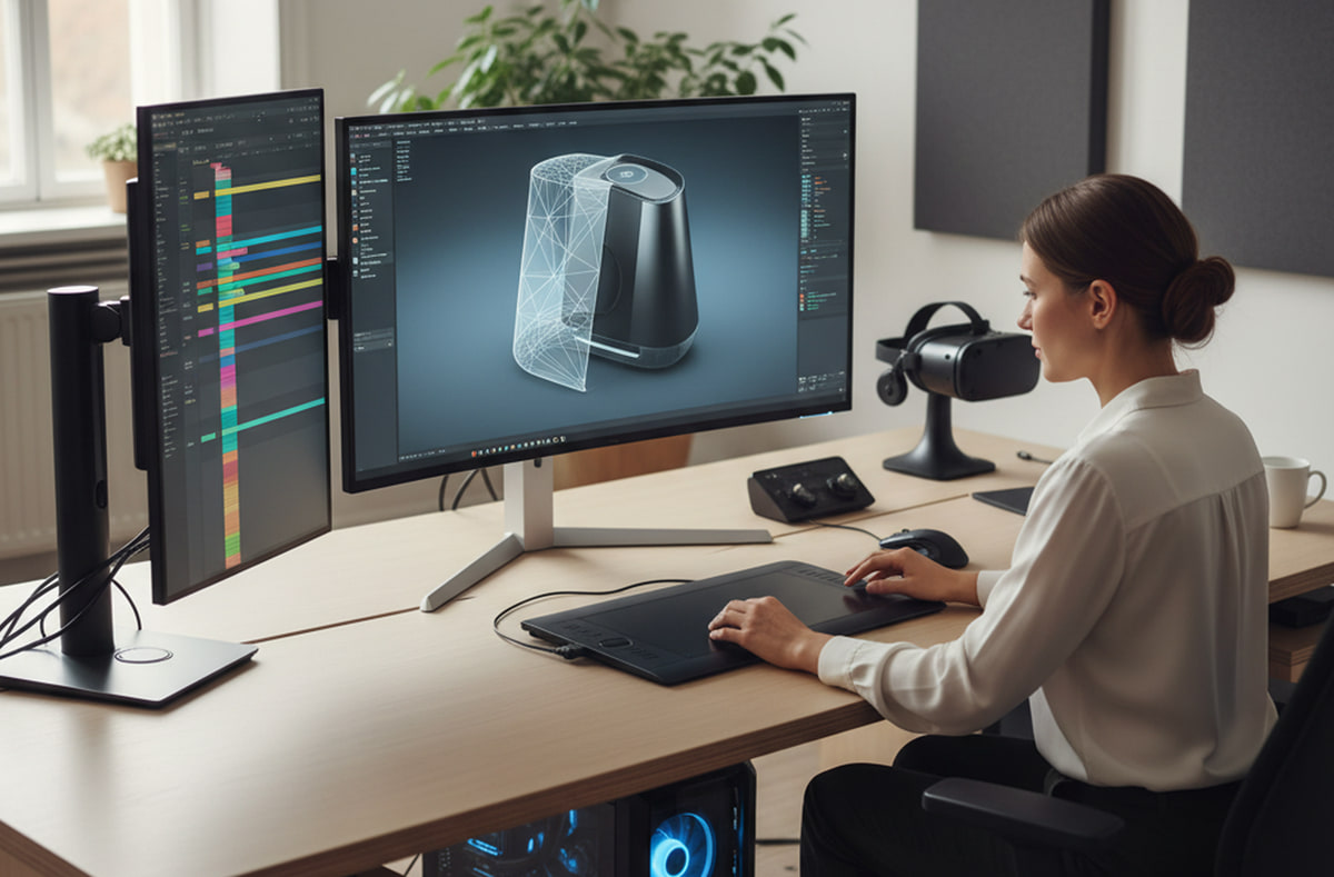 Artiste 3D modélisant un produit avec un maillage filaire superposé sur un grand écran, une timeline d'animation sur un second écran, une tablette graphique et un casque VR sur le bureau