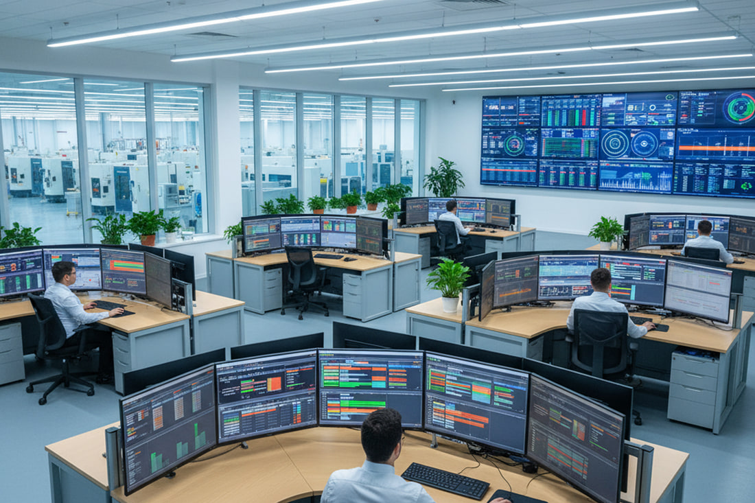 Salle de contrôle de production où des ingénieurs surveillent les tableaux de bord de cadence et de temps de cycle sur des postes multi-écrans, avec un mur d'images et l'atelier visible à travers la vitre