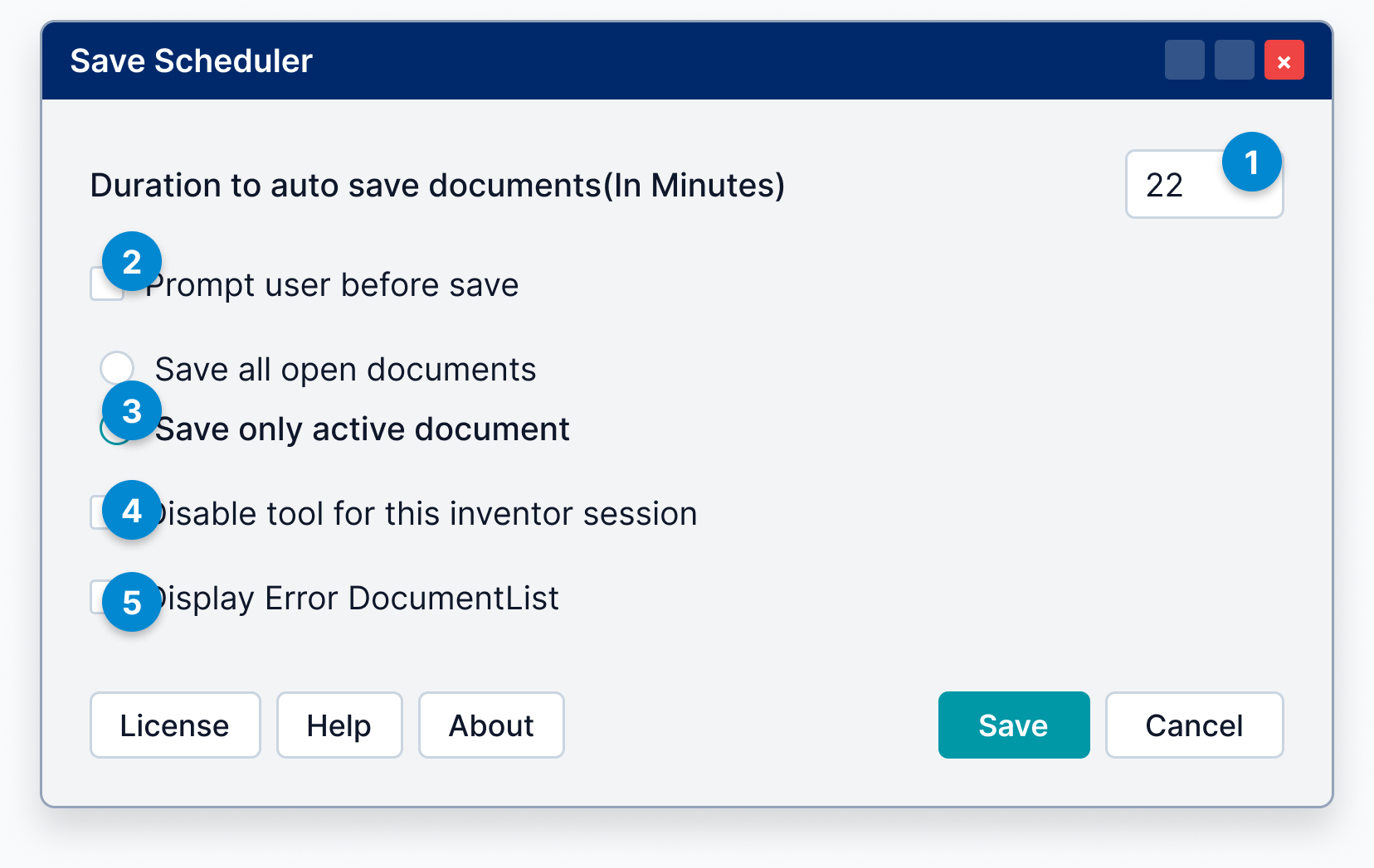 Annotated Save Scheduler dialog walking through each configuration option