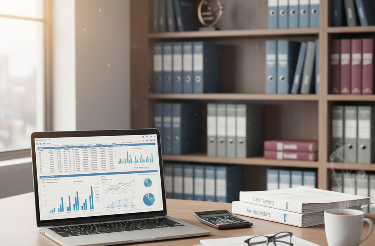 Services professionnels de tenue de comptes Ordinateur portable affichant des livres comptables et des graphiques financiers sur un bureau avec une calculatrice, des classeurs de rapports clients et des étagères de dossiers en arrière-plan