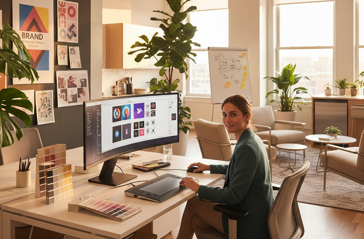 Services professionnels de design graphique Graphiste devant un écran large incurvé examinant une grille de concepts de logos, avec des nuanciers Pantone, une tablette graphique et des affiches de marque au mur du studio