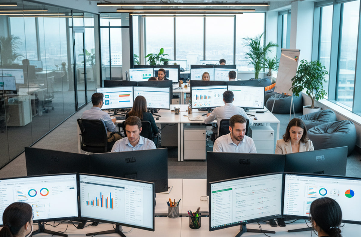 Analyse de performance SEO Équipe d'une agence SEO travaillant à des postes à deux écrans affichant des positions de mots-clés, des courbes de trafic et des rapports d'audit de site, dans un bureau ouvert