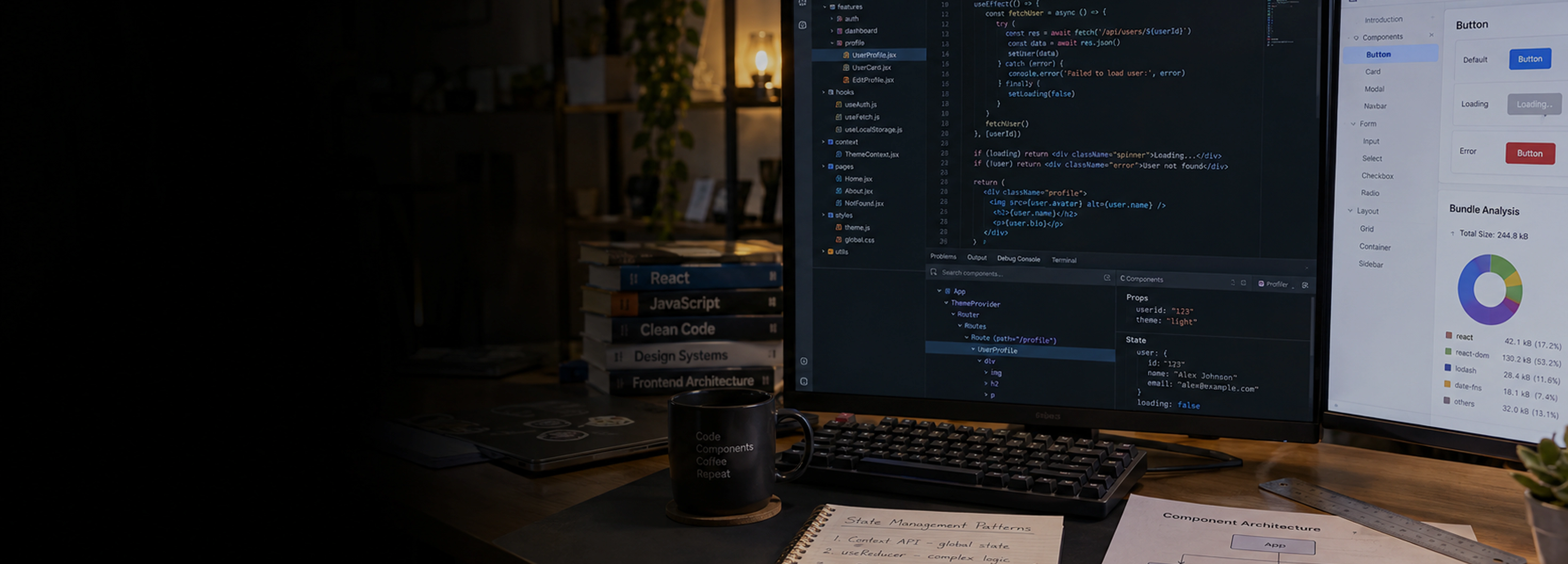 Udvikling med React JS React-atom-logo, der lyser på en computerskærm sammen med binærkode, diagrammer og tandhjulsikoner