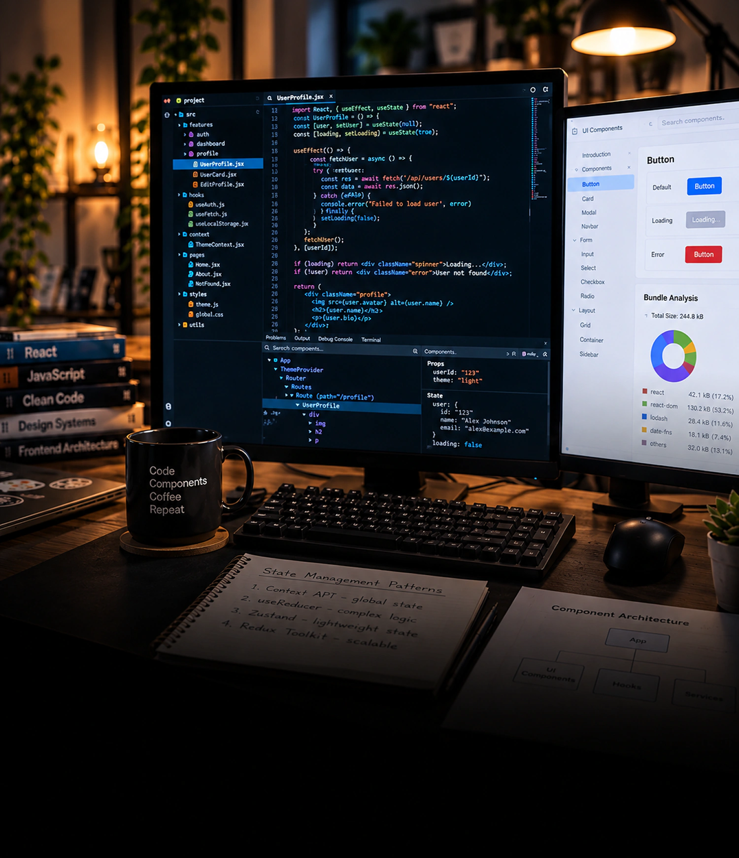 Udvikling med React JS React-atom-logo, der lyser på en computerskærm sammen med binærkode, diagrammer og tandhjulsikoner