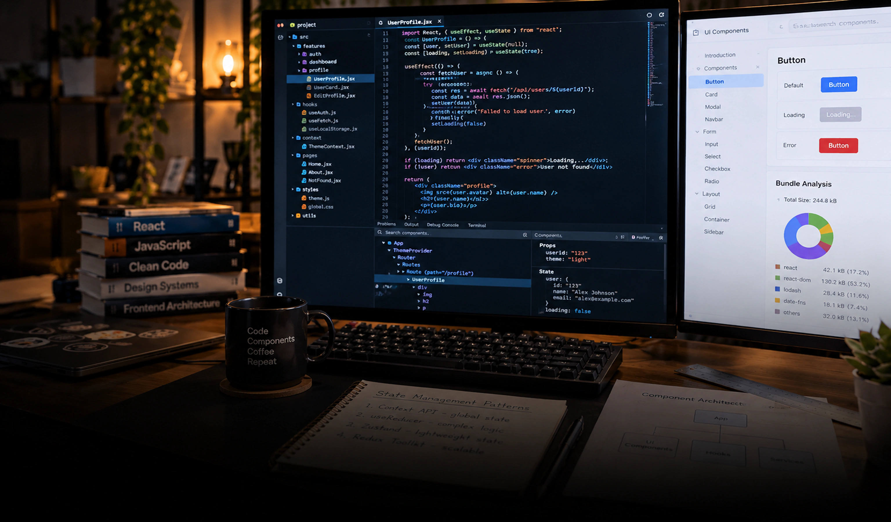 Udvikling med React JS React-atom-logo, der lyser på en computerskærm sammen med binærkode, diagrammer og tandhjulsikoner