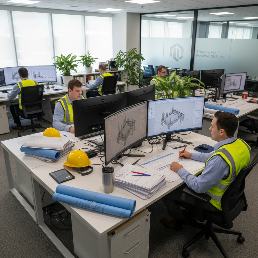 Rebar Detailing Rebar detailing office with engineers in safety vests reviewing 3D reinforcement models and drawings