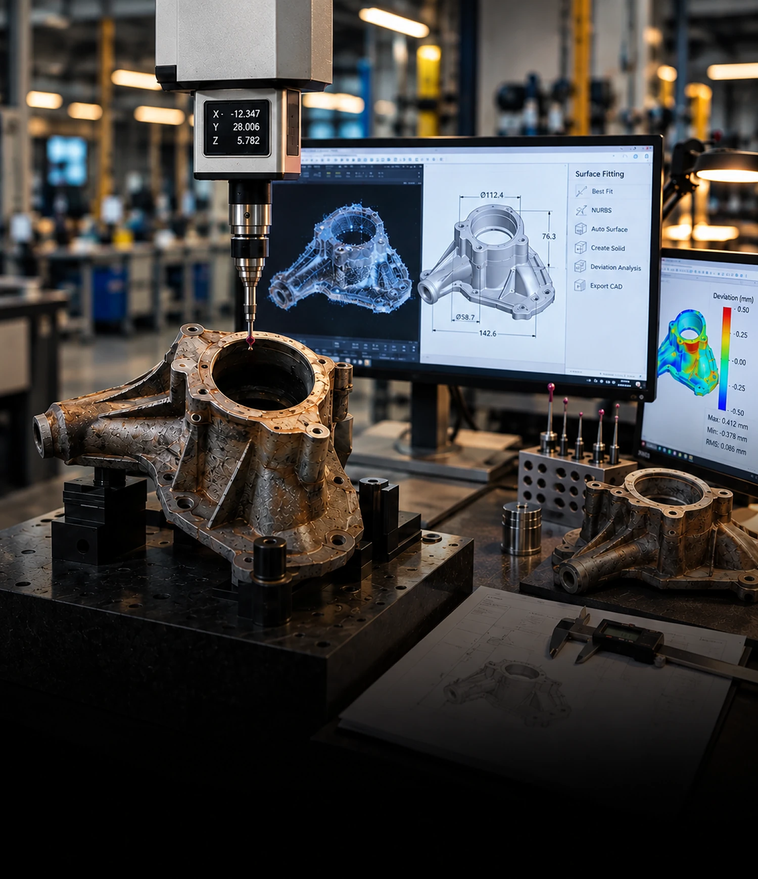 Illustration af en drone med en 3D-scannings-tablet, der viser et topografisk kort til reverse engineering