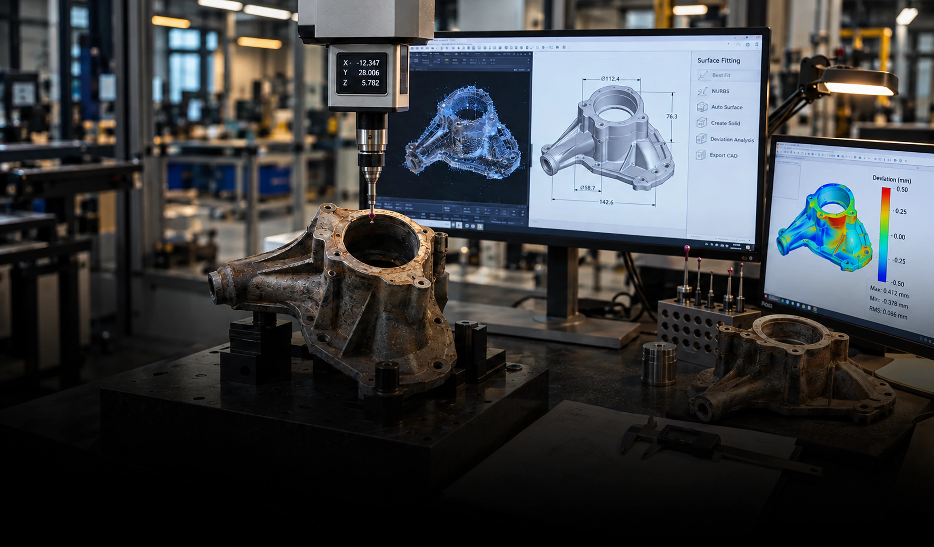 Illustration af en drone med en 3D-scannings-tablet, der viser et topografisk kort til reverse engineering