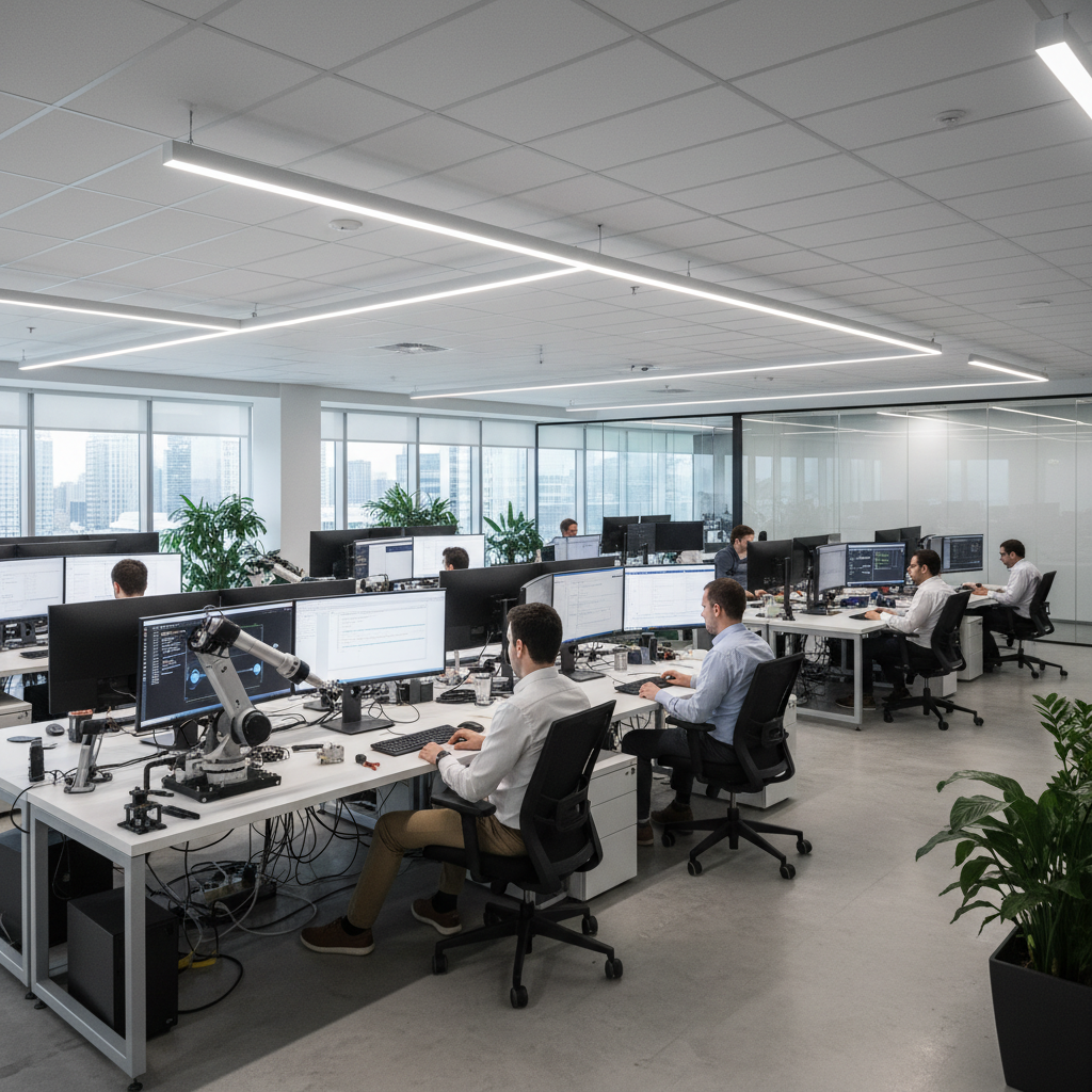 Robotics and Automation Engineering Engineering team working at monitors with a robotic arm in a modern office