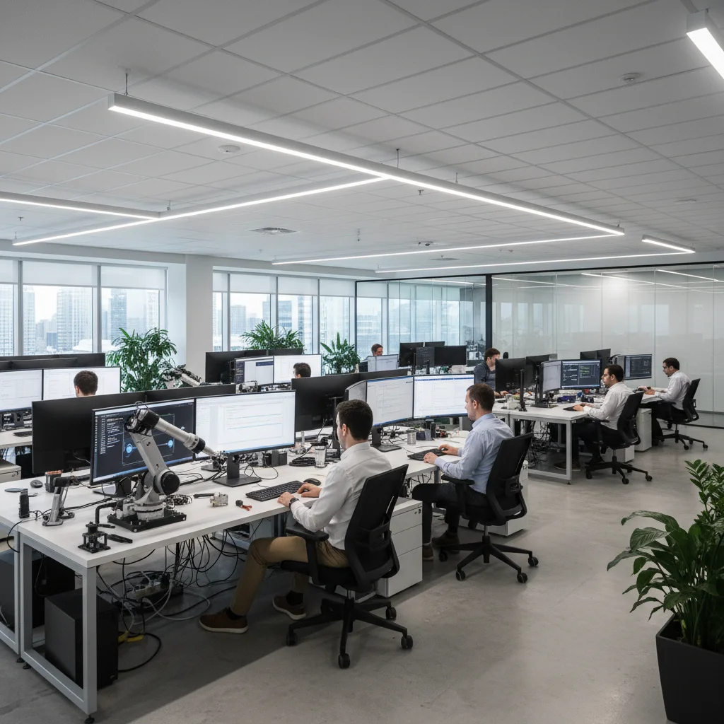 Robotteknik og automatiseringsteknik Illustration af en robot med et sikkerhedsskjold og et låsikon, der er forbundet med tandhjul ved siden af en bærbar computer