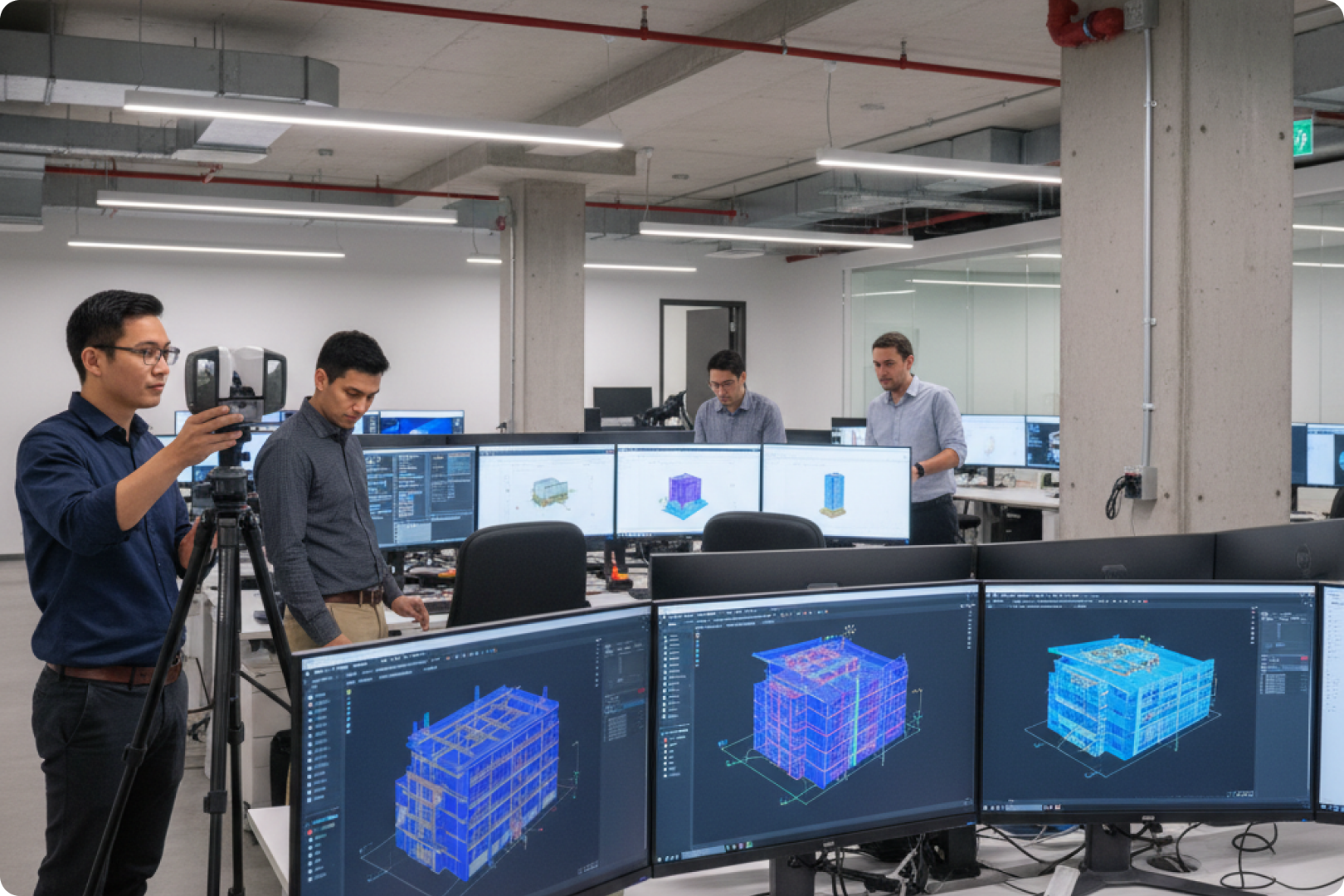 Solutions de scan vers BIM Illustration d'un ingénieur portant des lunettes de réalité augmentée et utilisant une machine CNC, entouré d'écrans de données et de visualisation de scans