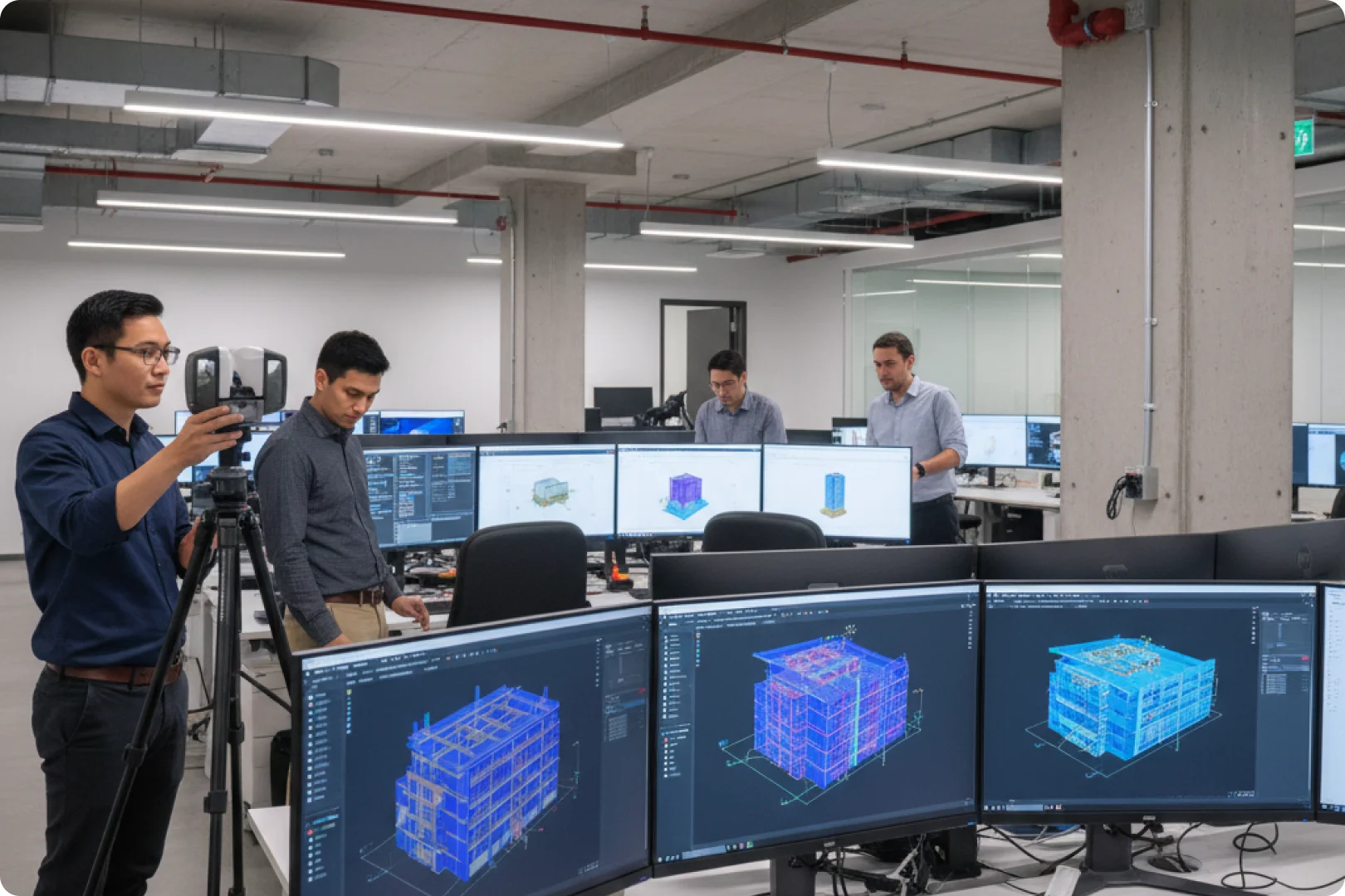 Solutions de scan vers BIM Illustration d'un ingénieur portant des lunettes de réalité augmentée et utilisant une machine CNC, entouré d'écrans de données et de visualisation de scans