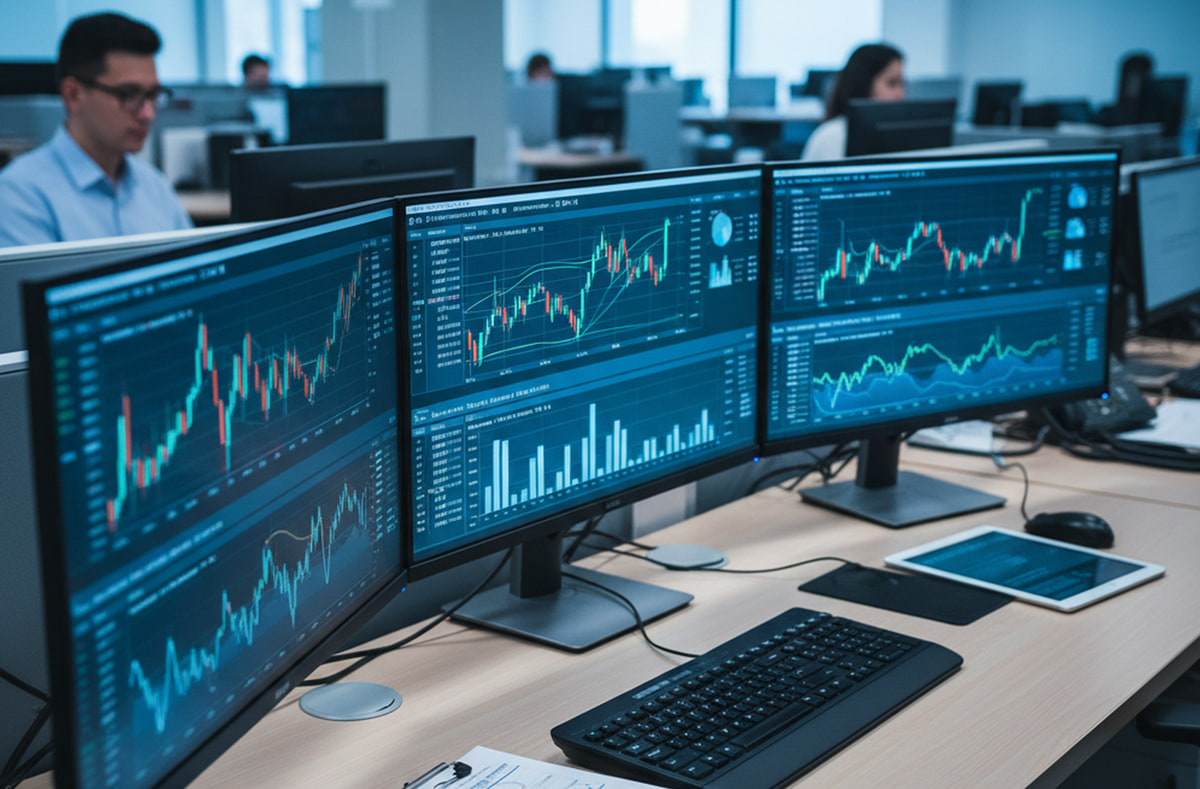 Trading desk with three curved monitors showing candlestick charts, volume bars, and market trend lines