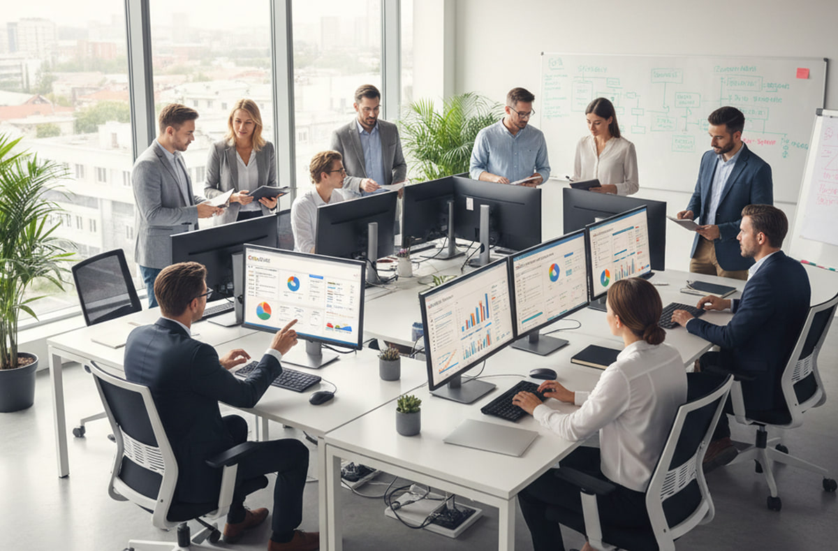 Digital marketing team reviewing campaign analytics dashboards on multiple monitors beside a strategy whiteboard Digital marketing team reviewing campaign analytics dashboards on multiple monitors beside a strategy whiteboard