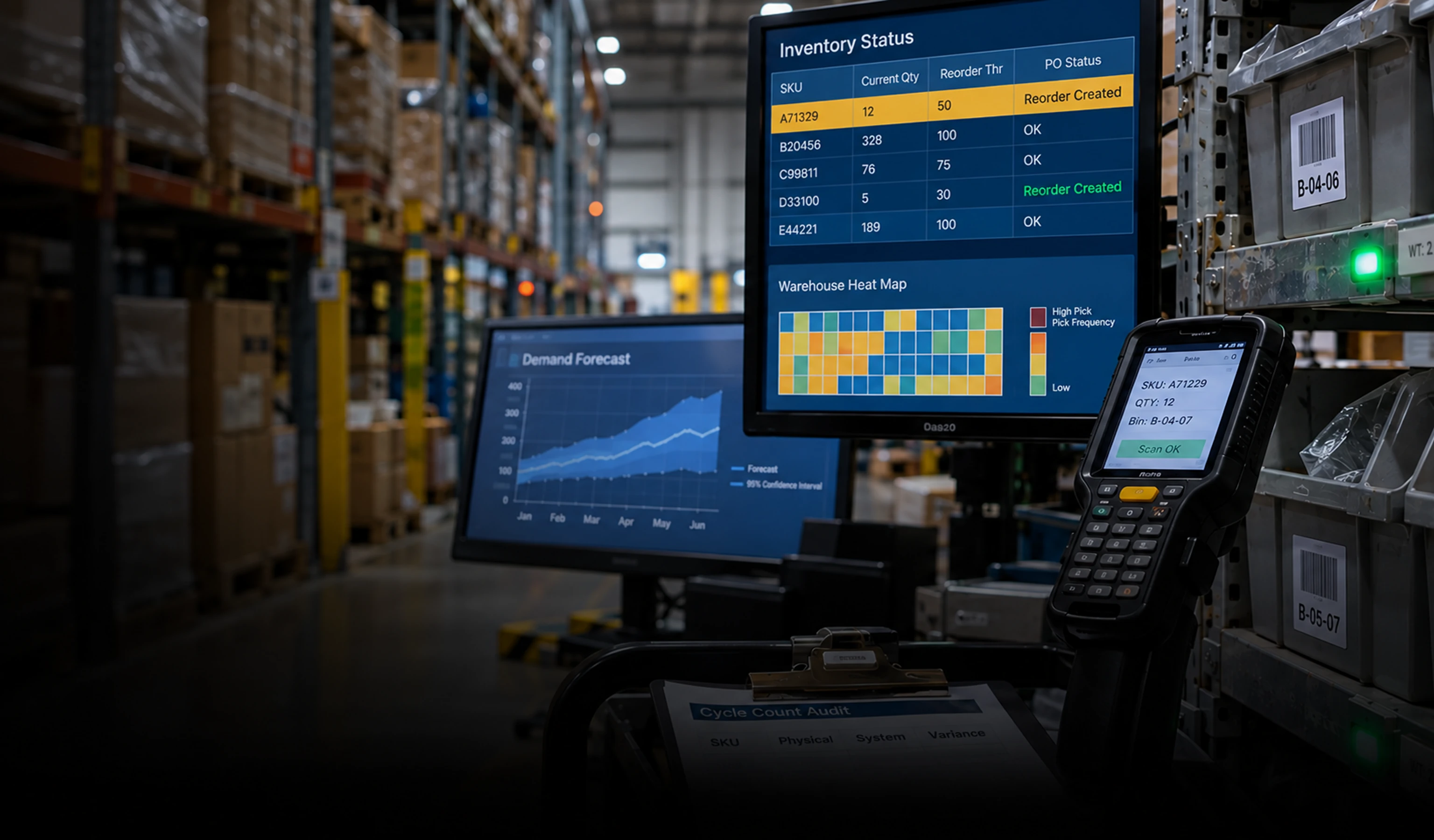 Warehouse inventory dashboards and handheld scanner Warehouse inventory dashboards and handheld scanner