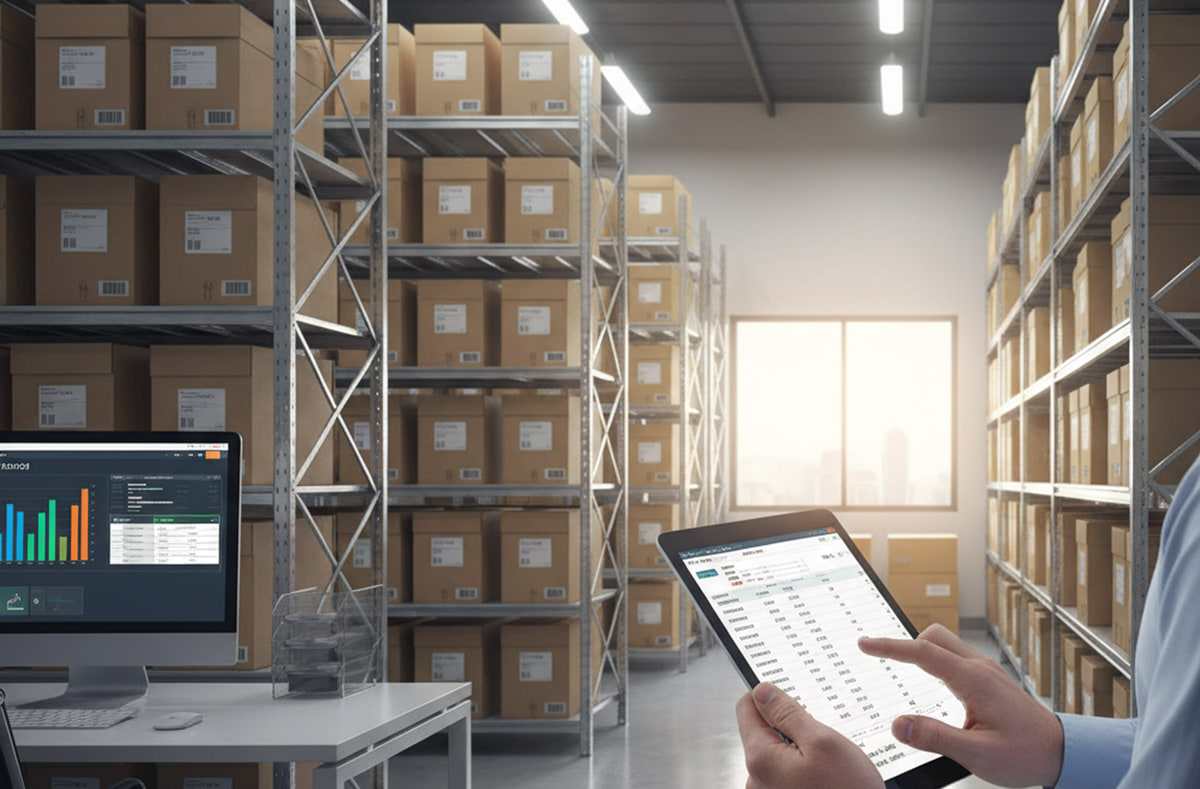 Warehouse manager checking stock levels on a tablet beside shelves of boxes, with an inventory dashboard visible on a nearby monitor