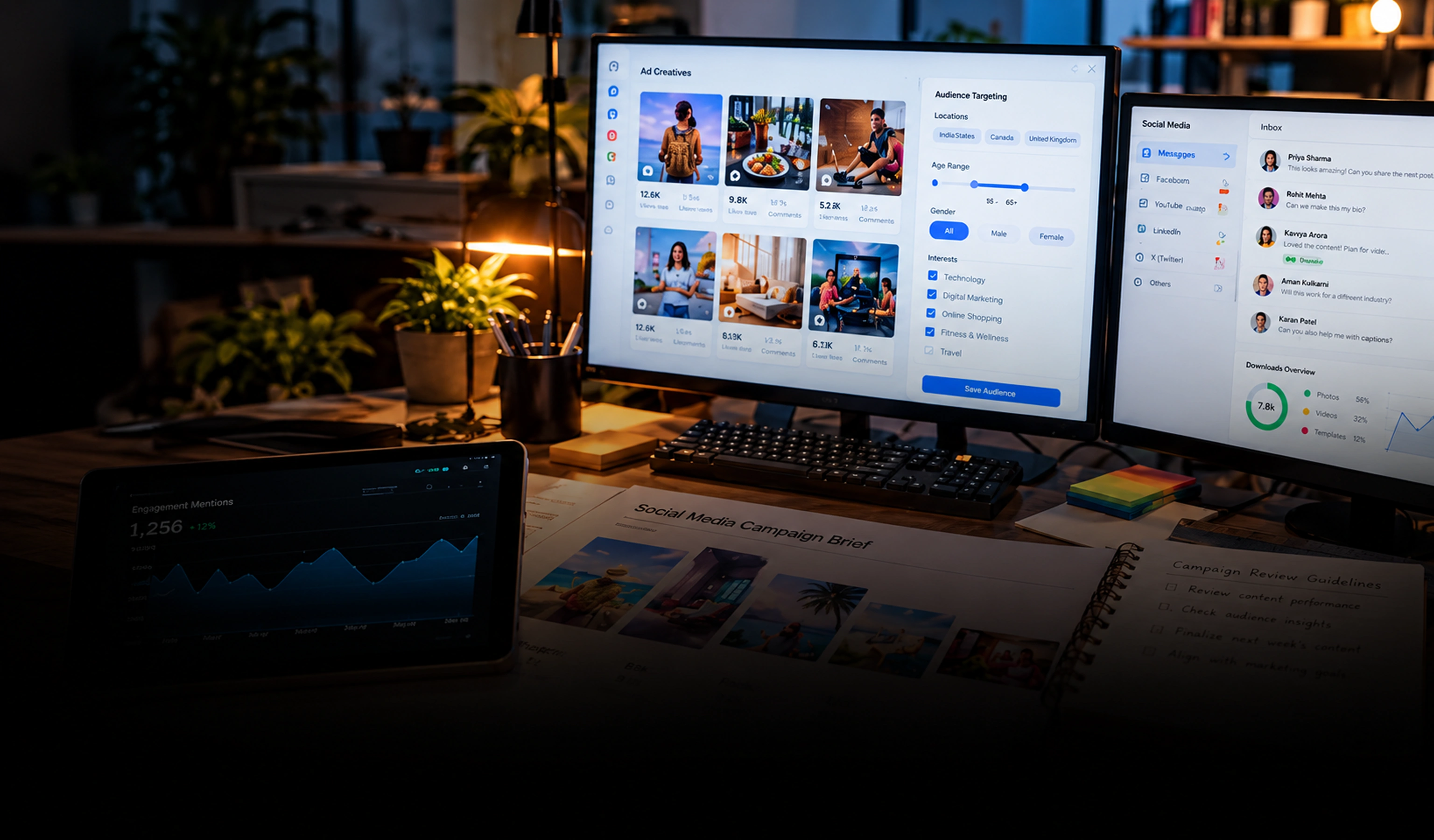 Tjenester inden for markedsføring på sociale medier Abstrakt blå baggrund med farveovergang og lagdelte bølger, der symboliserer markedsføring på sociale medier