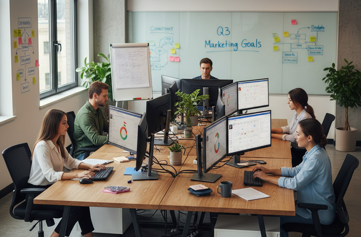 Engagement sur les Réseaux Sociaux et Stratégie de Contenu Équipe de marketing sur les réseaux sociaux à des postes multi-écrans examinant des tableaux de bord d'engagement et des calendriers de contenu, avec les objectifs marketing du T3 sur la paroi vitrée derrière eux