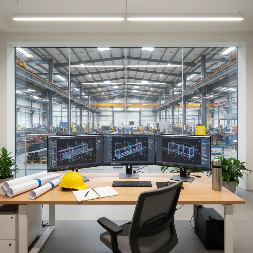 Steel Shop Drawings Illustration of a drafting office loft with a desk, ladder, and technical drawings