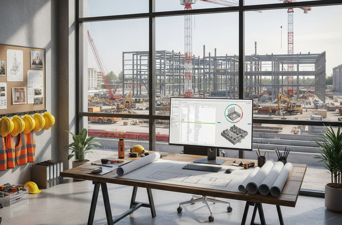 Bureau de chantier avec un écran affichant un registre d'actifs et un modèle structurel 3D, des plans roulés, des casques et des gilets haute visibilité, donnant sur un chantier à ossature métallique