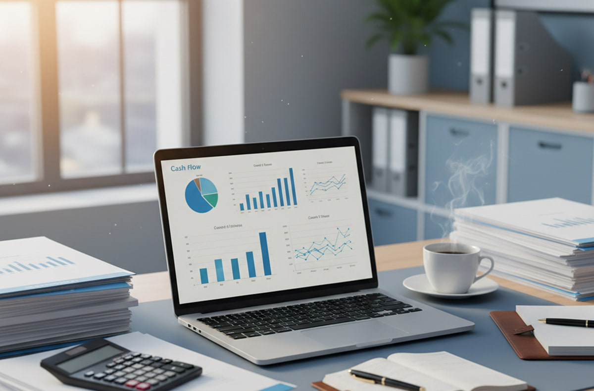 Laptop on a desk displaying a Cash Flow dashboard with pie, bar, and line charts, beside a calculator and stacks of financial reports Laptop on a desk displaying a Cash Flow dashboard with pie, bar, and line charts, beside a calculator and stacks of financial reports