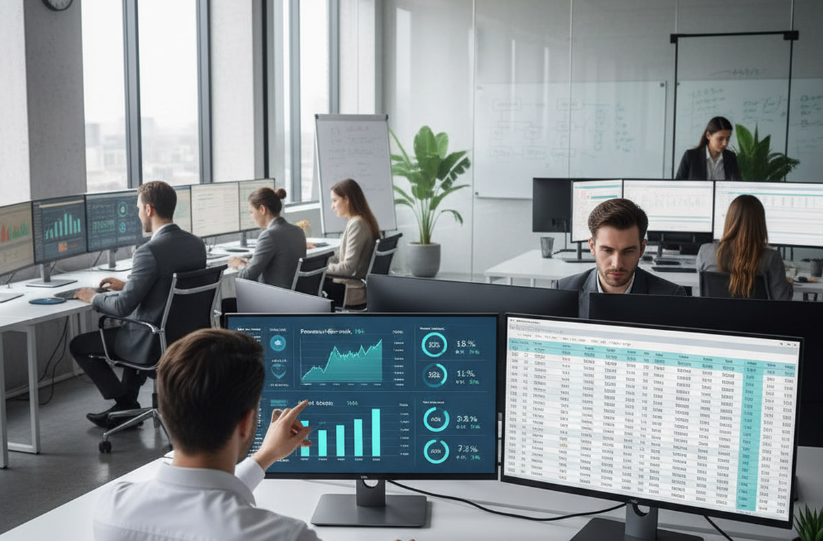 Financial analyst pointing to a performance dashboard on a curved monitor, with a spreadsheet on a second screen and an open-plan trading floor behind him Financial analyst pointing to a performance dashboard on a curved monitor, with a spreadsheet on a second screen and an open-plan trading floor behind him
