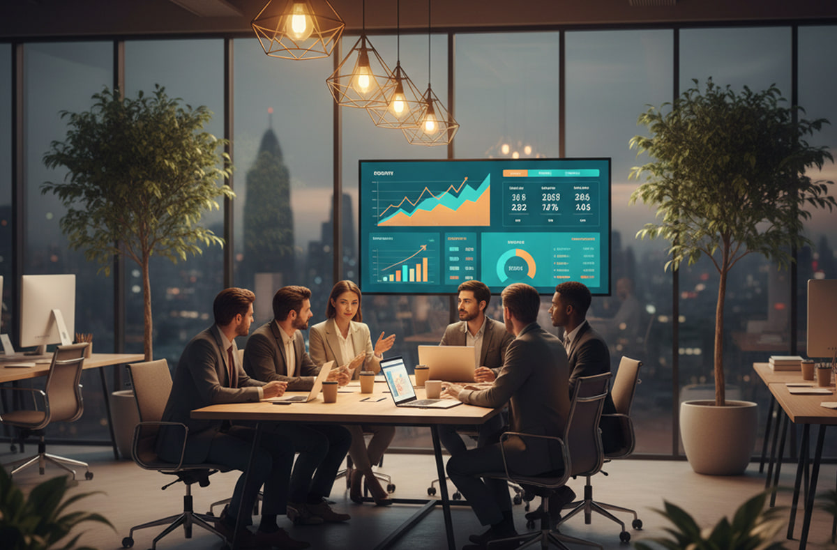 Équipe de direction réunie autour d'une table, discutant des indicateurs de performance affichés sur un grand tableau de bord mural de courbes de croissance et de KPI Équipe de direction réunie autour d'une table, discutant des indicateurs de performance affichés sur un grand tableau de bord mural de courbes de croissance et de KPI