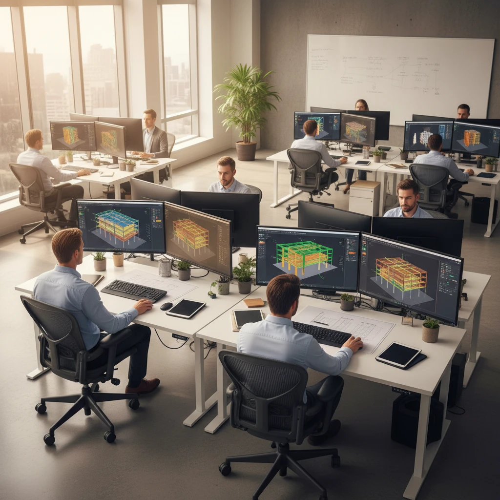 Illustration of an engineer working at a desk beside a 3D city model with connected buildings and wind turbines