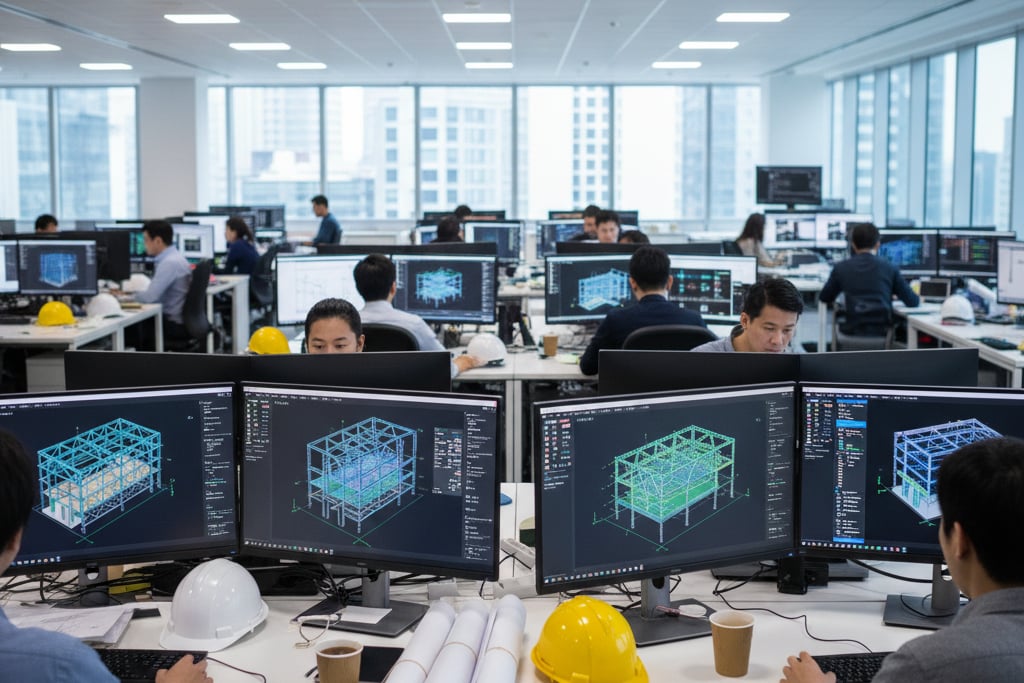 Structural BIM Services Illustration of a construction crane lifting a building block on a tablet surrounded by gear icons