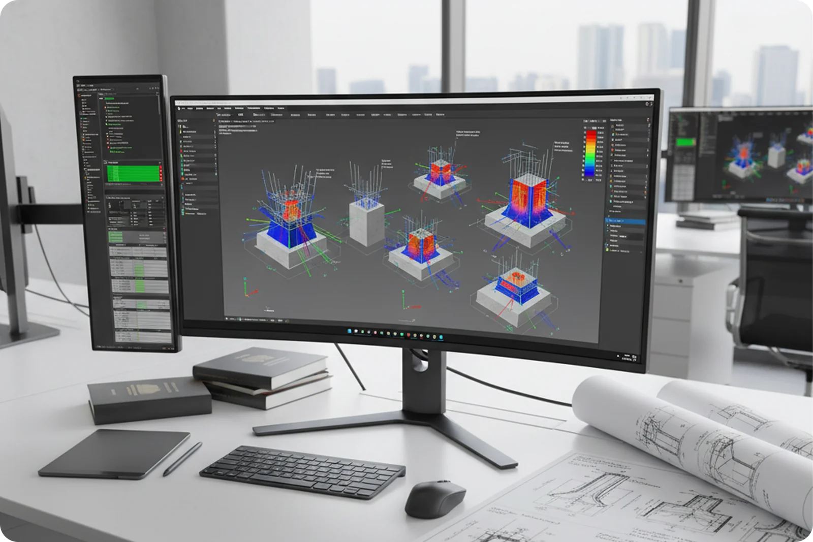 Poste de travail d’ingénierie affichant des modèles 3D de fondations structurelles avec ferraillage et résultats d’analyse des contraintes, à côté de plans de structure imprimés